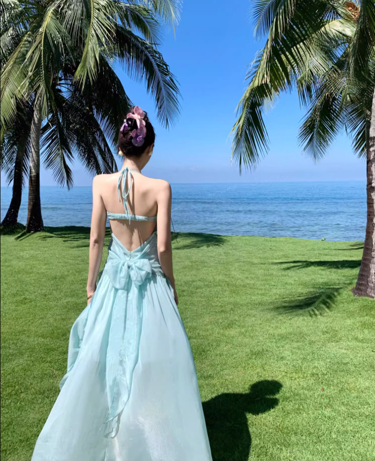 Travel wear fairy air backless dress seaside vacation dopamine green fairy long skirt R1594