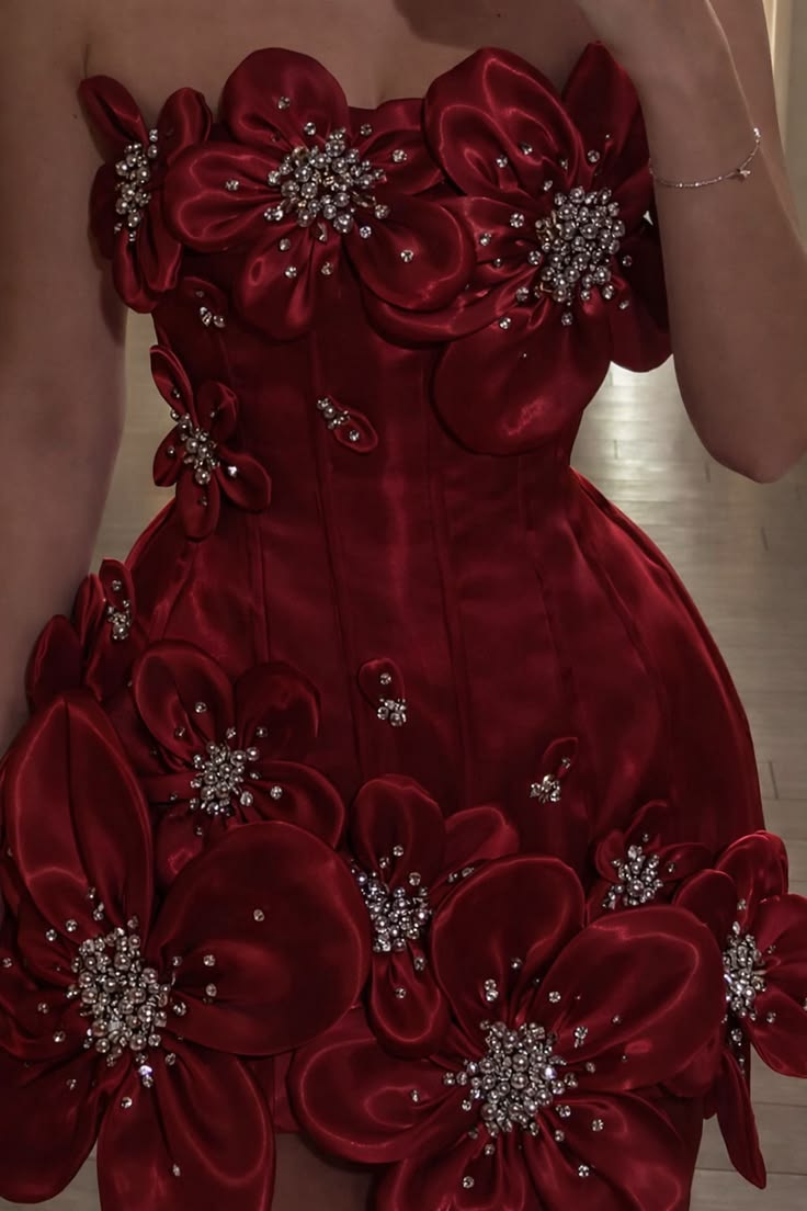 Elegant Burgundy A-Line Strapless 3D Floral Beaded Bodycon Mini Dress Homecoming Dress RS166