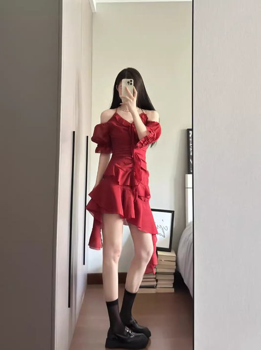 Beautiful skirt temperament advanced red dress niche design irregular skirt halter neck skirt R0413