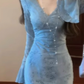Beautiful holiday style skirt, beautiful, unique, gentle and elegant blue v-neck long-sleeved dress R0477