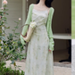 French style cool print suspender skirt gentle style waist slim green floral dress R2396