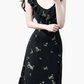 2025 Summer New Black Flying Sleeve Waisted Mid-Length Printed Fishtail Dress R0913