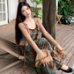 French style retro green printed dress with slim waist and suspenders long dress with lace cardigan R1695