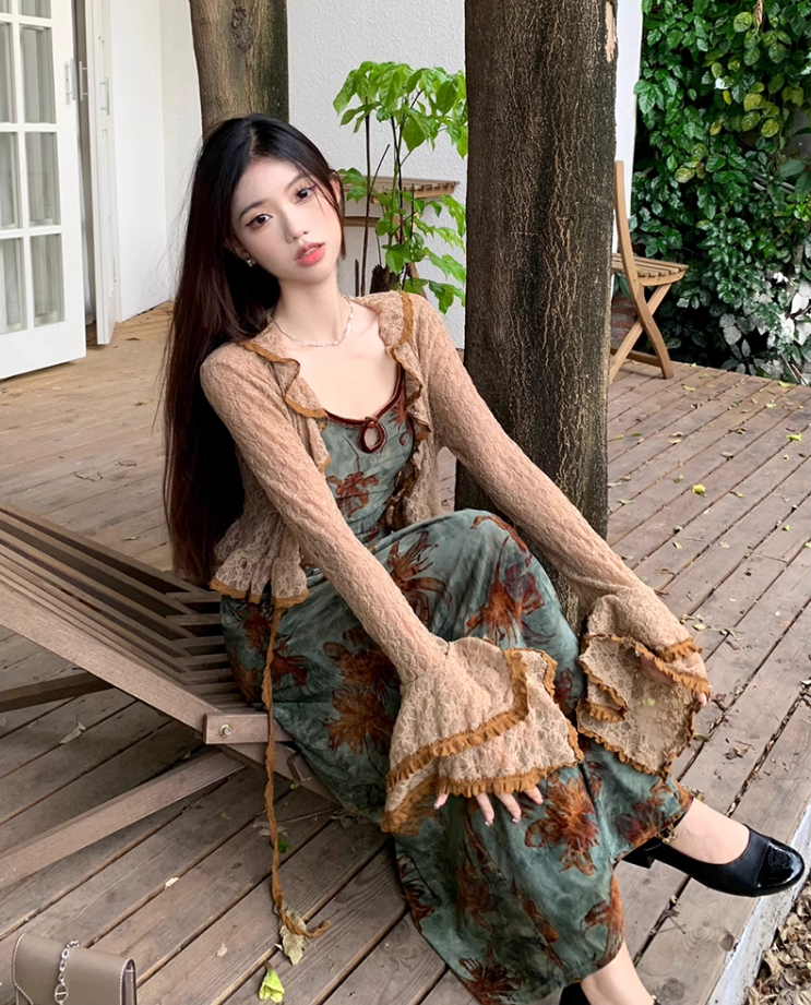 French style retro green printed dress with slim waist and suspenders long dress with lace cardigan R1695