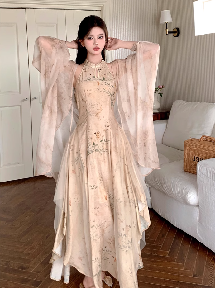 Fairy new Chinese style improved cheongsam halo dyed floral waist long skirt dress R1703