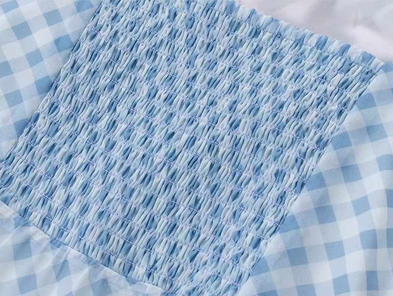 2025 Summer New Blue Plaid Lace Square Neck Short Sleeveless Dress R0969