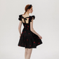 French style suspender floral skirt small flying sleeve black skirt short dress R2748