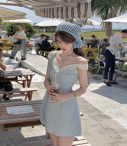 V-neck waist plaid suspender dress summer French temperament skirt R4951