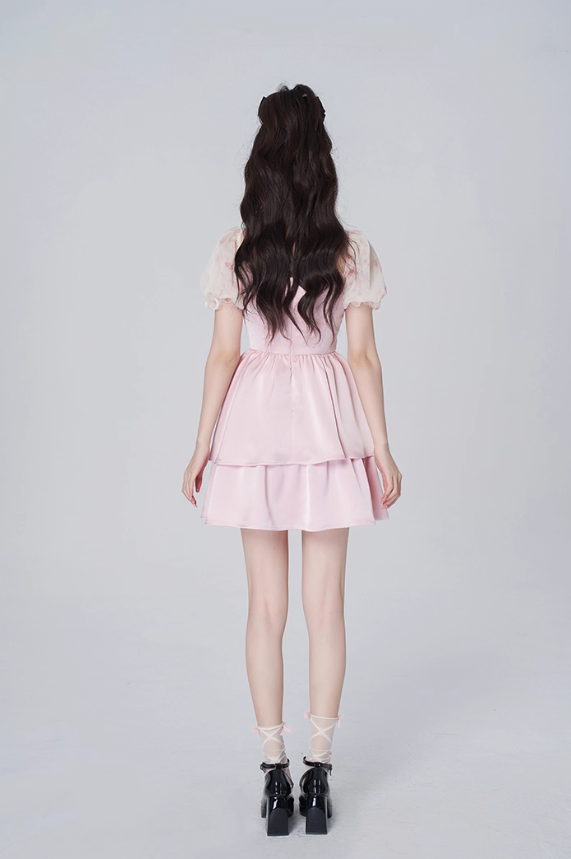 Floral dress women's summer puff sleeve A-line short skirt new pink high-end skirt R4454