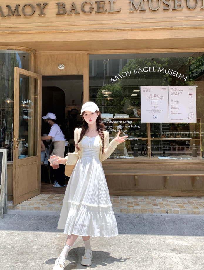 French style white sling long skirt for women summer temperament waist dress R3830