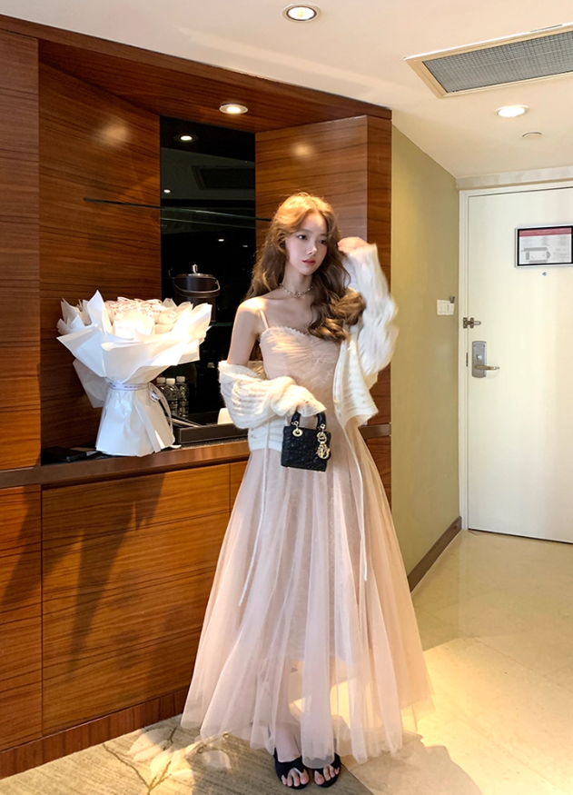 Pink waist temperament mesh embroidery suspender dress women's summer French skirt R4748