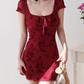 French pure desire style red printed shoulder-length skirt sexy waist slimming dress R2810