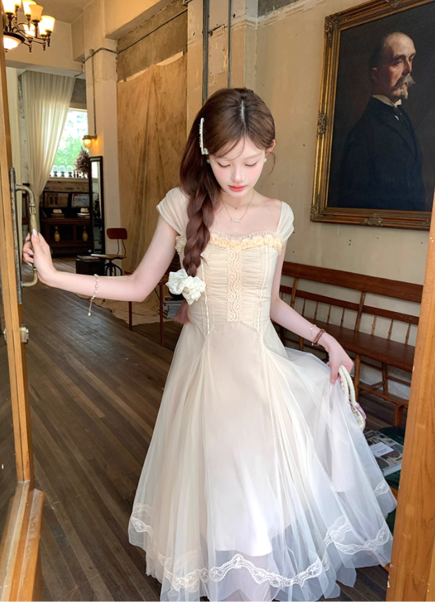 Solid color long mesh square neck suspender dress summer French style temperament skirt R4871