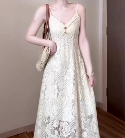 Retro v-neck hollow suspender dress niche waist temperament long skirt R0679