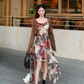 Fairy oil painting style suspender skirt swallowtail skirt dress lace cardigan two-piece suit R1718