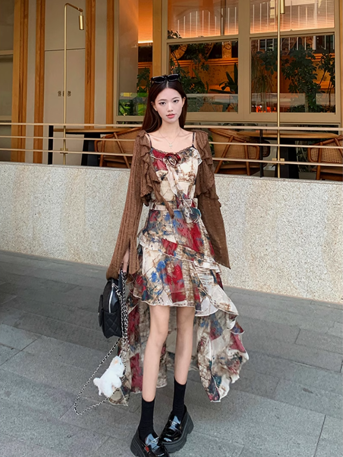 Fairy oil painting style suspender skirt swallowtail skirt dress lace cardigan two-piece suit R1718