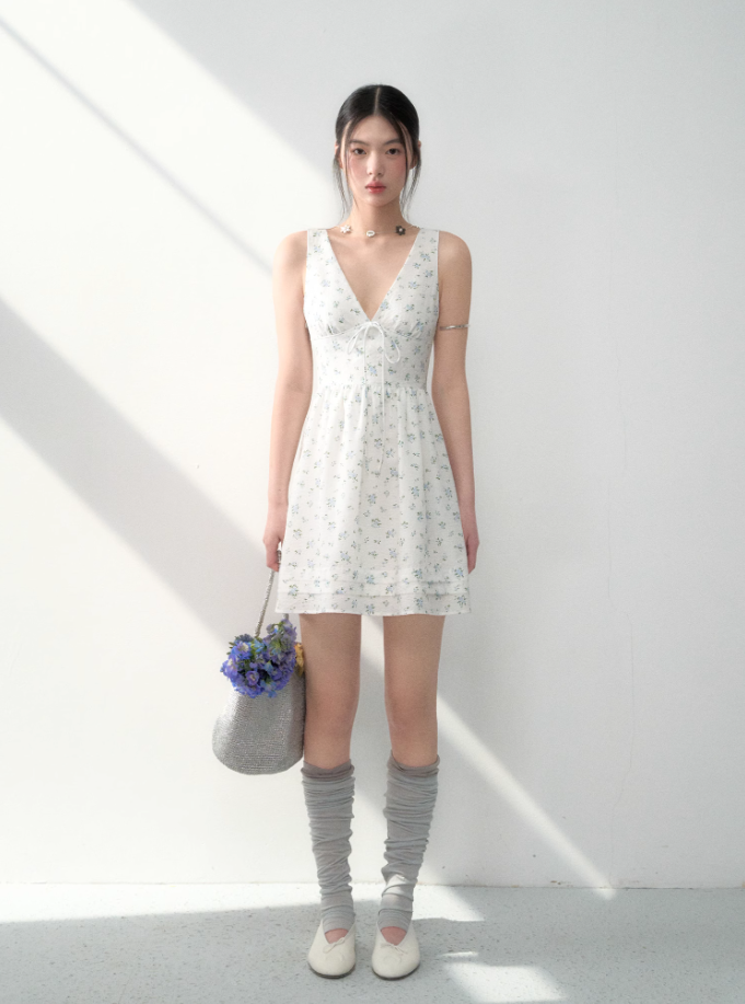 Tencel bow tie V-neck vest dress summer sweet playful midi dress R3332