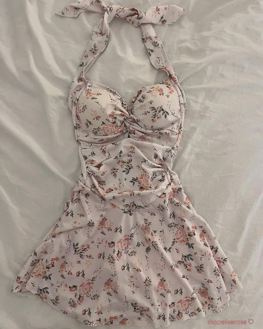 Pink floral halter neck slim waist short skirt homecoming dress R2674