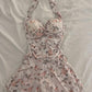 Pink floral halter neck slim waist short skirt homecoming dress R2674