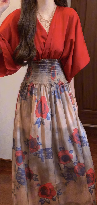 Retro red v-neck dress gentle temperament waist a-line long skirt R0744