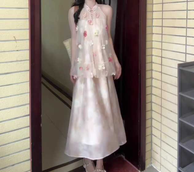 Pink buttoned mesh halter neck dress gentle temperament loose A-line long skirt R0751