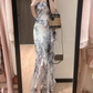 Ink painting suspender dress new style high-end feeling super beautiful tea break French long skirt R0463