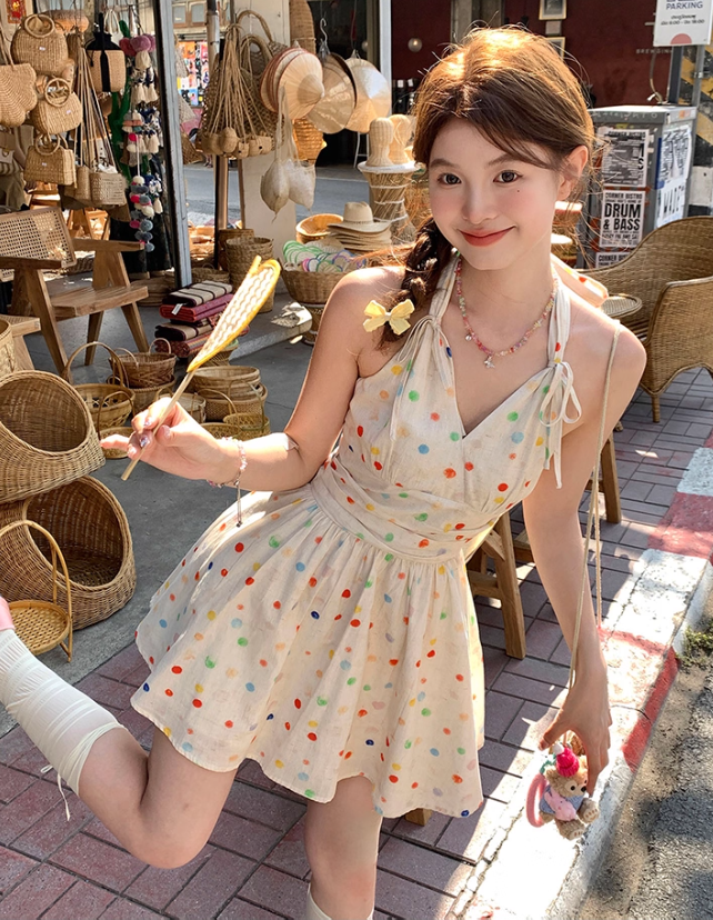 V-neck polka dot halter neck a-line dress women's summer French waist skirt R4661