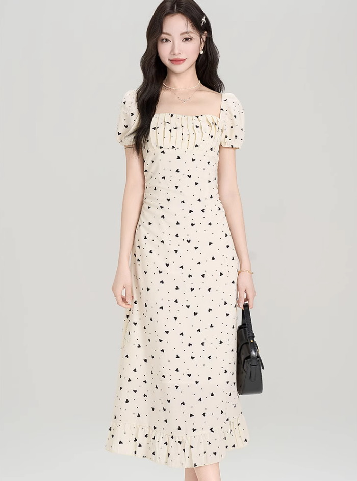 French polka dot square neck puff sleeve dress new style waist slim fit hip long skirt R2391