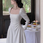 White Wedding Dress Long Sleeve Square Neck Women Elegant Evening Prom Party Dress       S5421