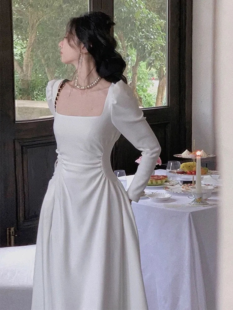 White Wedding Dress Long Sleeve Square Neck Women Elegant Evening Prom Party Dress       S5421