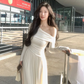 French style off-shoulder dress for women long sleeves white skirt sexy     S5394