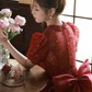 Sparkling Burgundy Evening Dress Puff Sleeve Princess Dresses      S5433