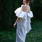 Elegant Off-shoulder White Bridal Gown With Train      S5434