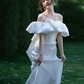 Elegant Off-shoulder White Bridal Gown With Train      S5434