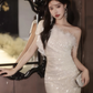White one-shoulder sequined evening dress      S5438