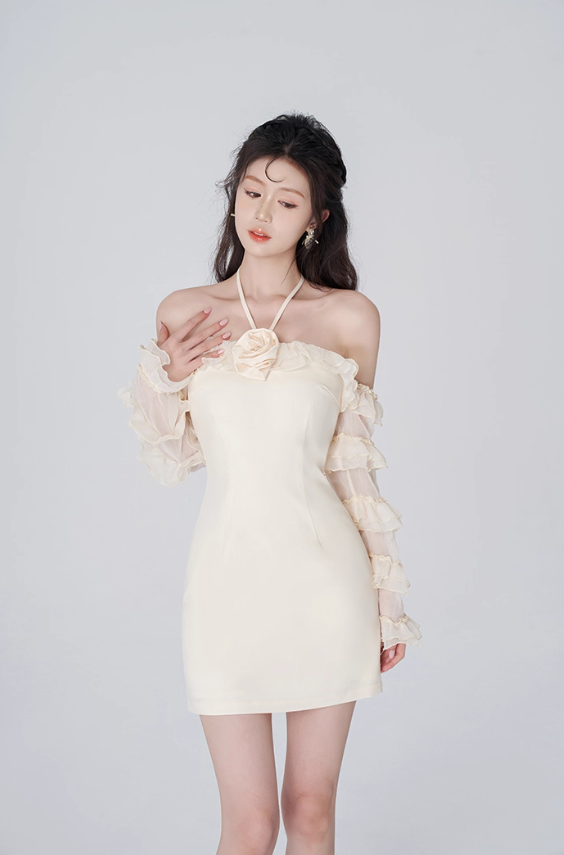 Tea break French dress women's summer white halter neck short skirt new style chic niche skirt R4463