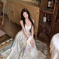Platycodon temperament floral suspender skirt super beautiful waist dress R0701
