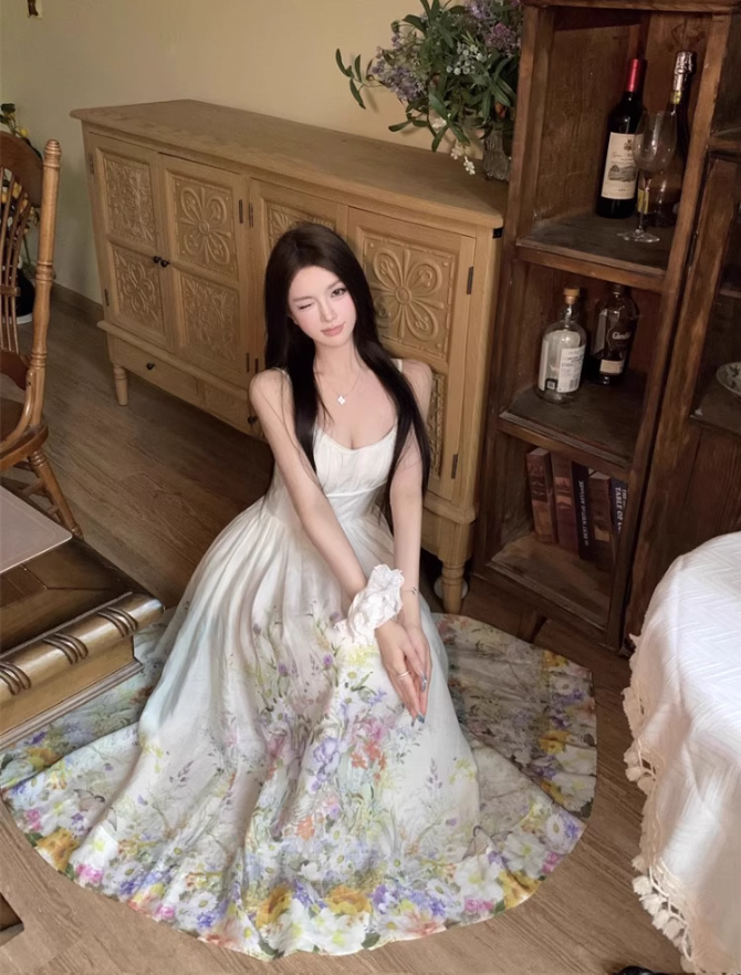 Platycodon temperament floral suspender skirt super beautiful waist dress R0701