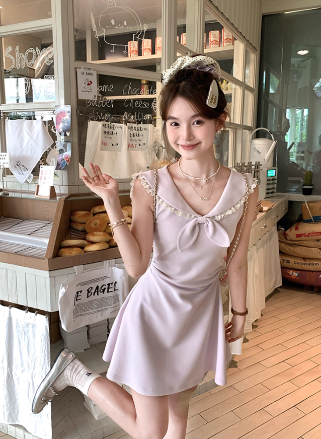 Navy collar bow waist dress summer French fashion temperament skirt R4738