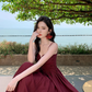 Retro temperament suspender dress beautiful waist slit long skirt R0572
