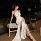 French halter neck slit satin dress backless sexy dress banquet temperament long dress R1617
