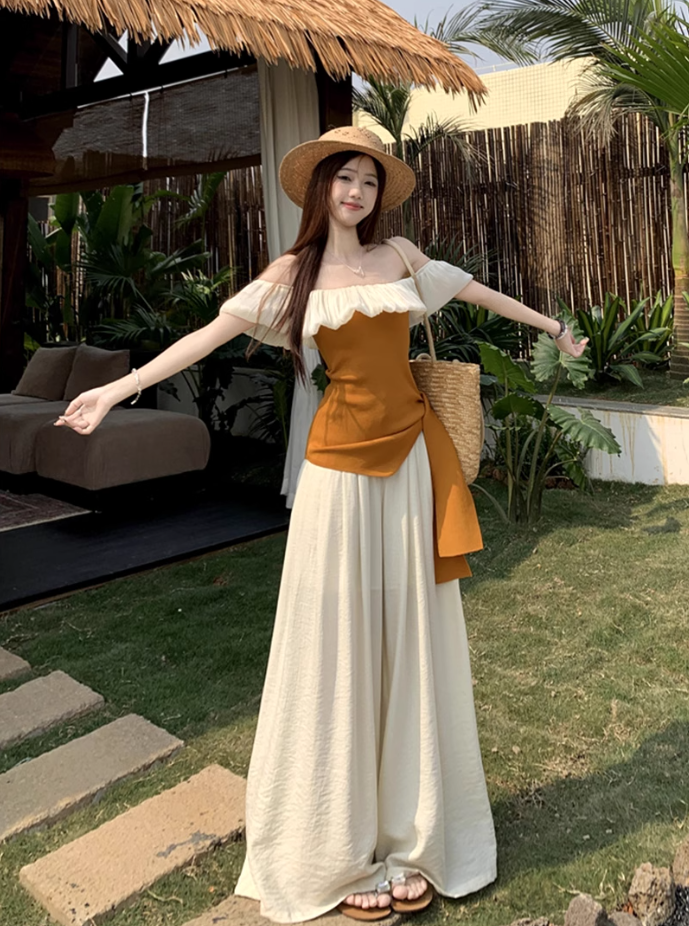Beautiful summer suit, one-shoulder ruffled ice silk knitted top, wide-leg pants, two-piece suit R1739
