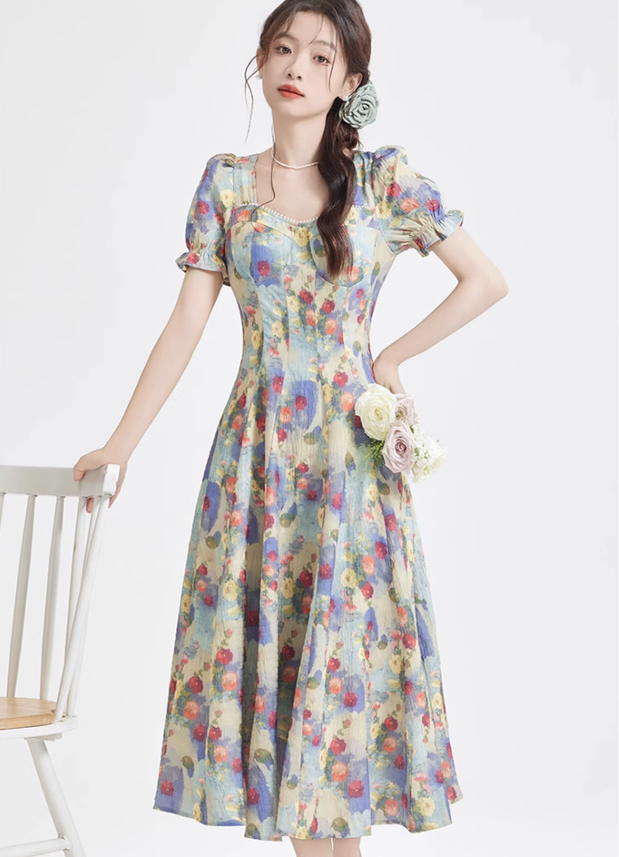 Tea break French retro oil painting dress new beach dress holiday super fairy dress R2389