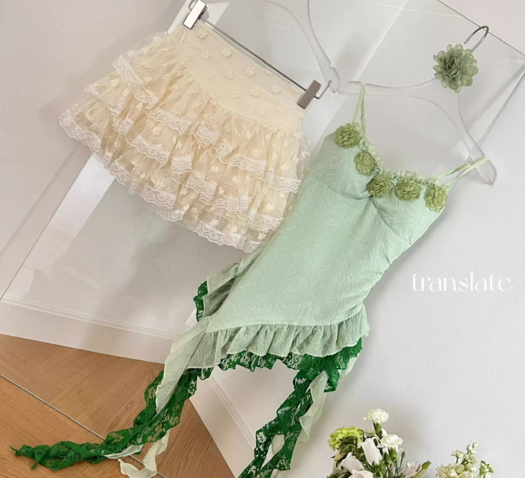 Summer pure slim fit irregular green top and skirt suit R2053