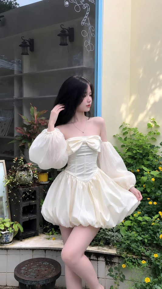 Puff Sleeves Clean Women's Corset Homecoming Dress Ivory Short Prom Gown Birthday Dress RS3222