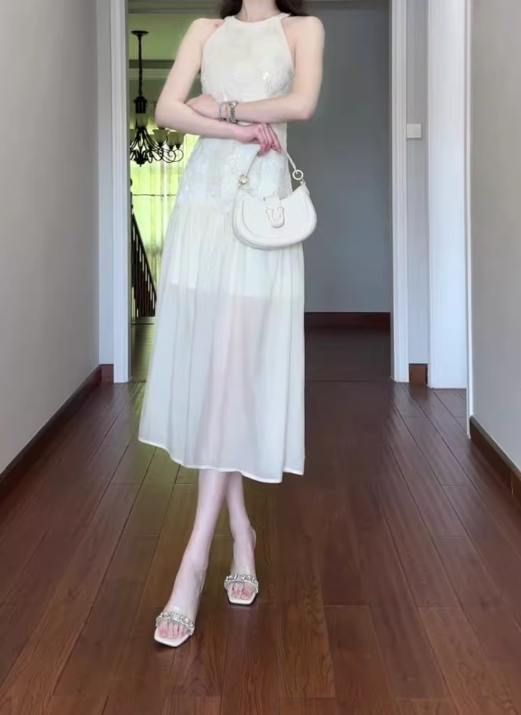 Jacquard sleeveless halter dress cool and gentle temperament waist A-line long skirt R0857