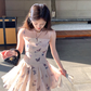 Butterfly print neckline waist A-line suspender dress summer French temperament slim skirt R5027