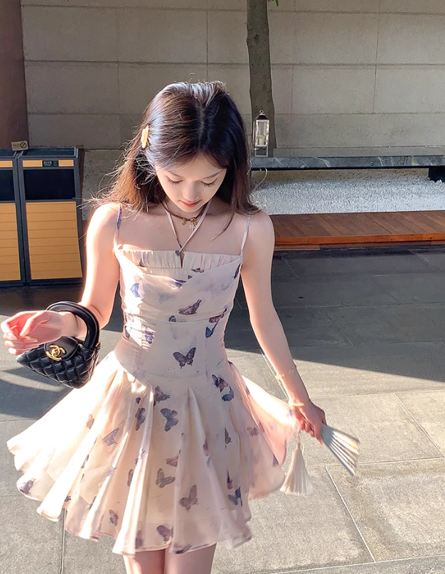 Butterfly print neckline waist A-line suspender dress summer French temperament slim skirt R5027
