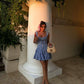 Blue and white checkered suspenders waist slim short skirt homecoming dress R3471