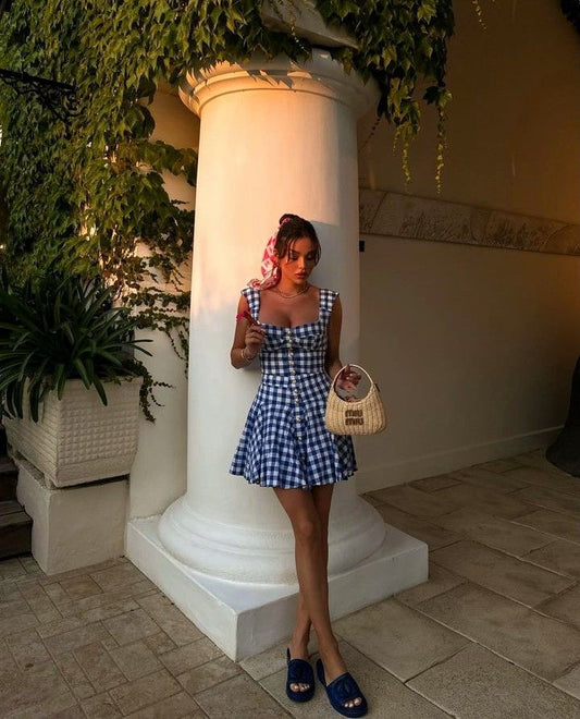 Blue and white checkered suspenders waist slim short skirt homecoming dress R3471